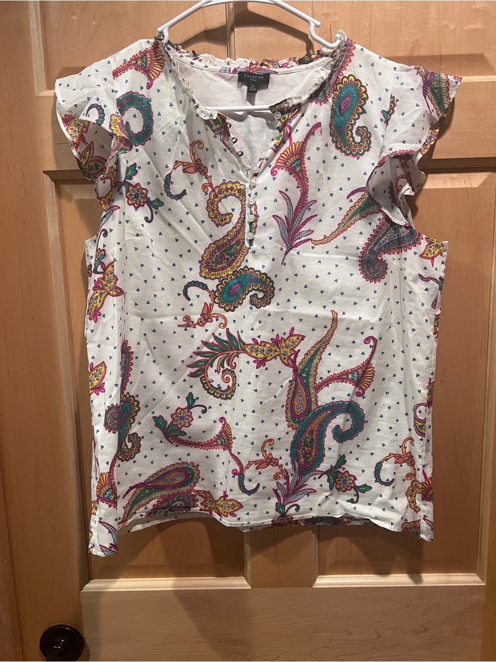Talbots White Multicolor Floral Paisley Print Flutter-Sleeve Blouse Career LP